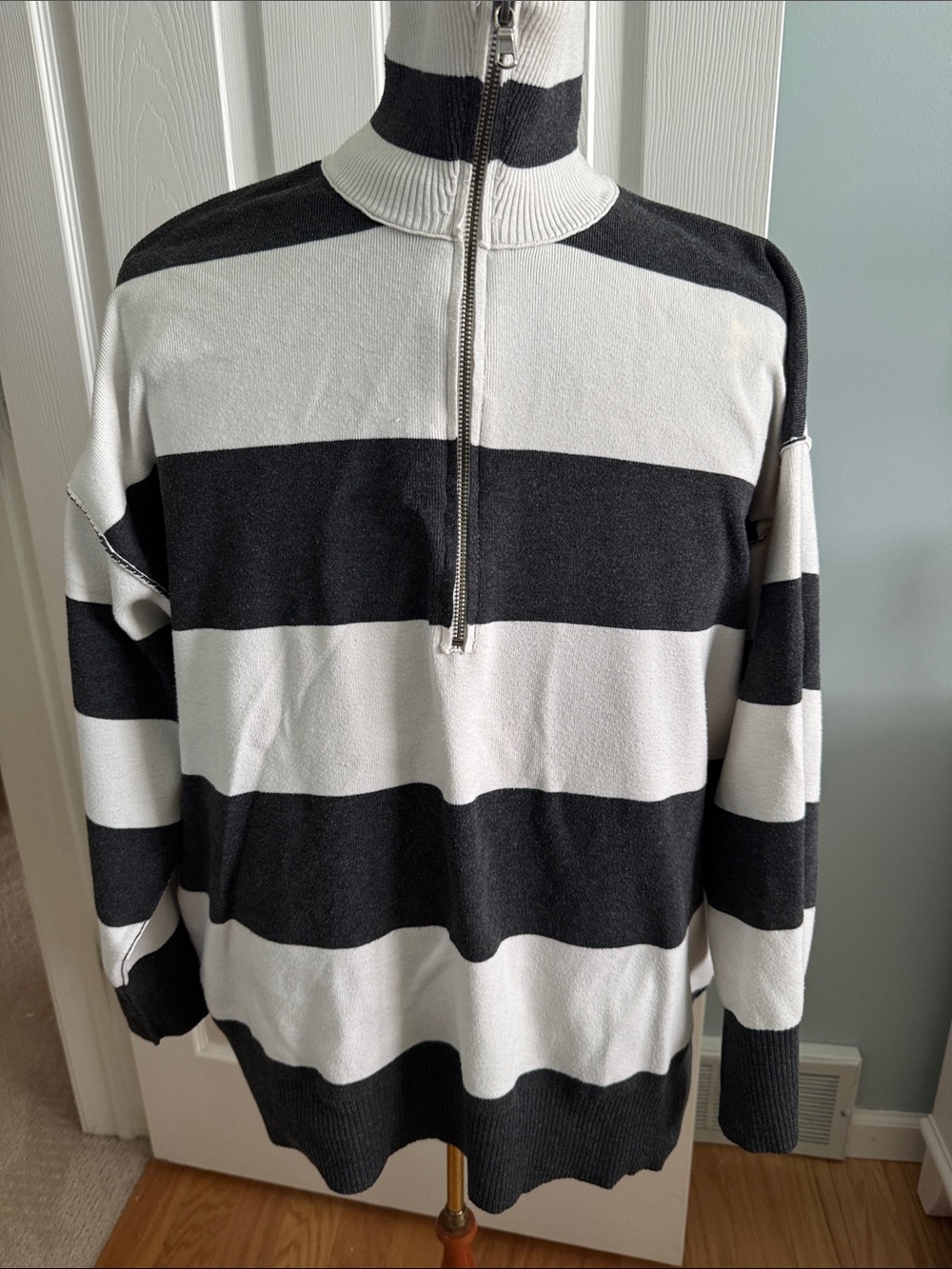 Free People Black and White Striped Zip-Up Sweater
